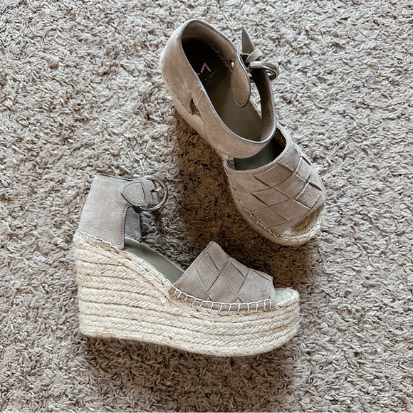 Marc Fisher Shoes - Marc Fisher Espadrille Wedge Ankle Strap High Heeled Suede Sandal Taupe Brown